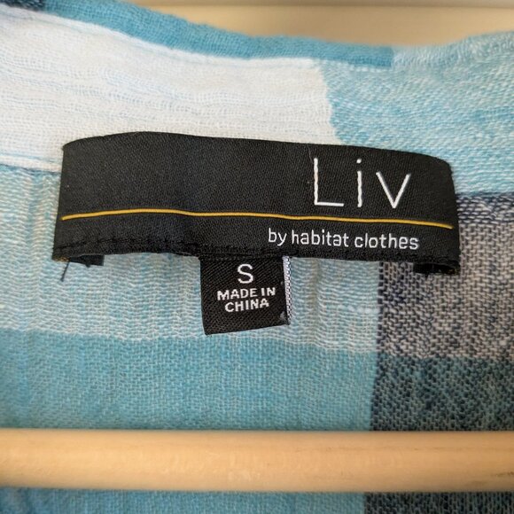 Liv by Habitat Yin Yang Shirt Womens Small Linen Blue Plaid Button Up Lagenlook - Picture 7 of 8